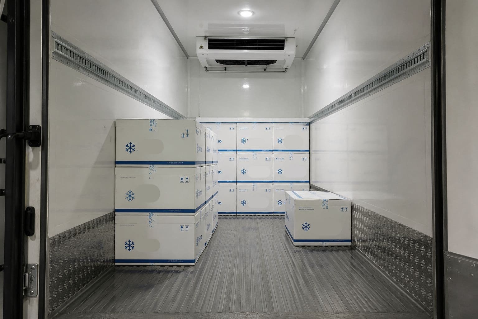 White boxes with blue snowflake logos stacked inside a clean, brightly lit refrigerated truck.